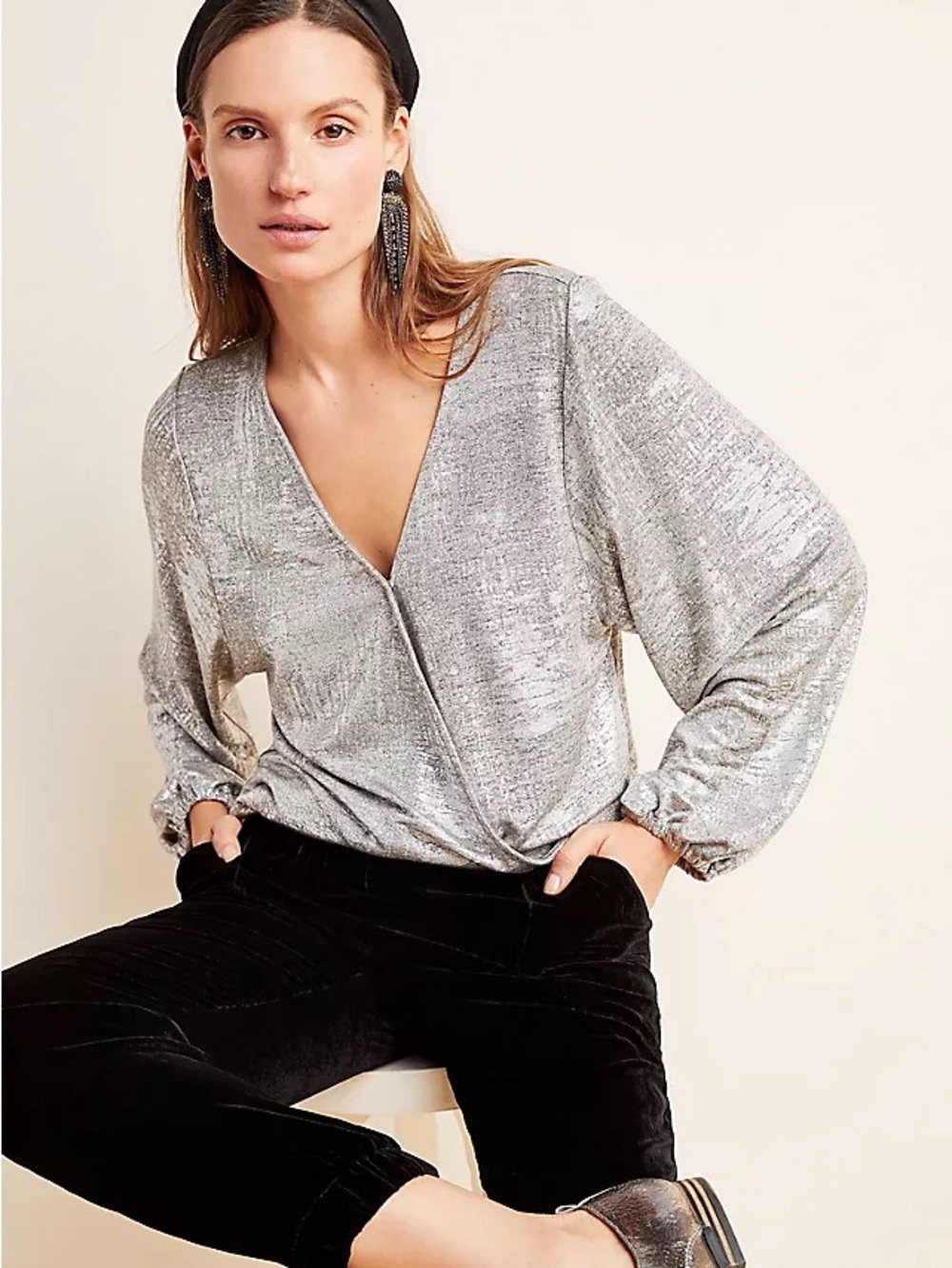 Anthropologie Carys Silver Metallic Dolman Top - Size XS